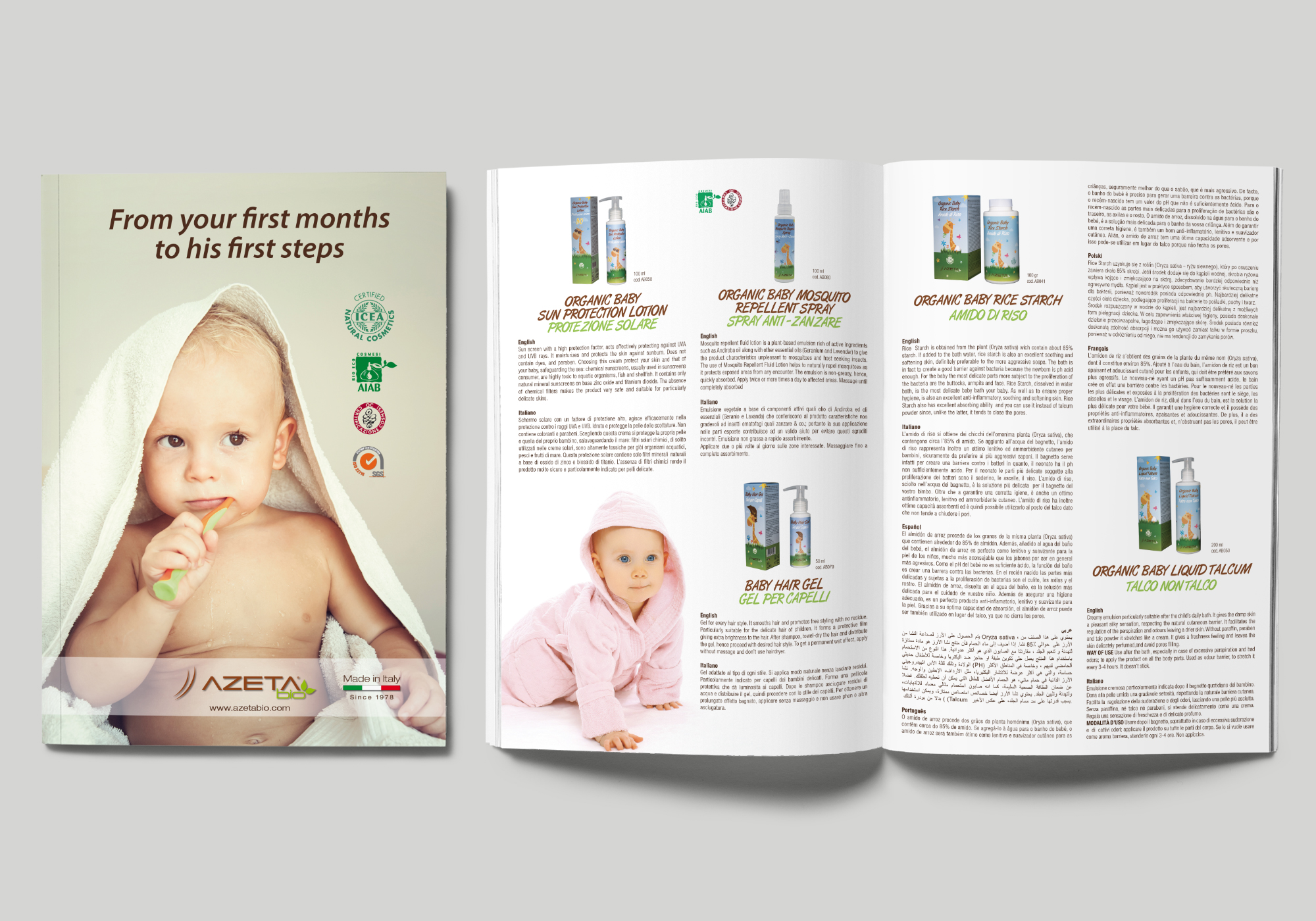 Brochure per linea prodotti per l'igiene del bambino Azeta Bio