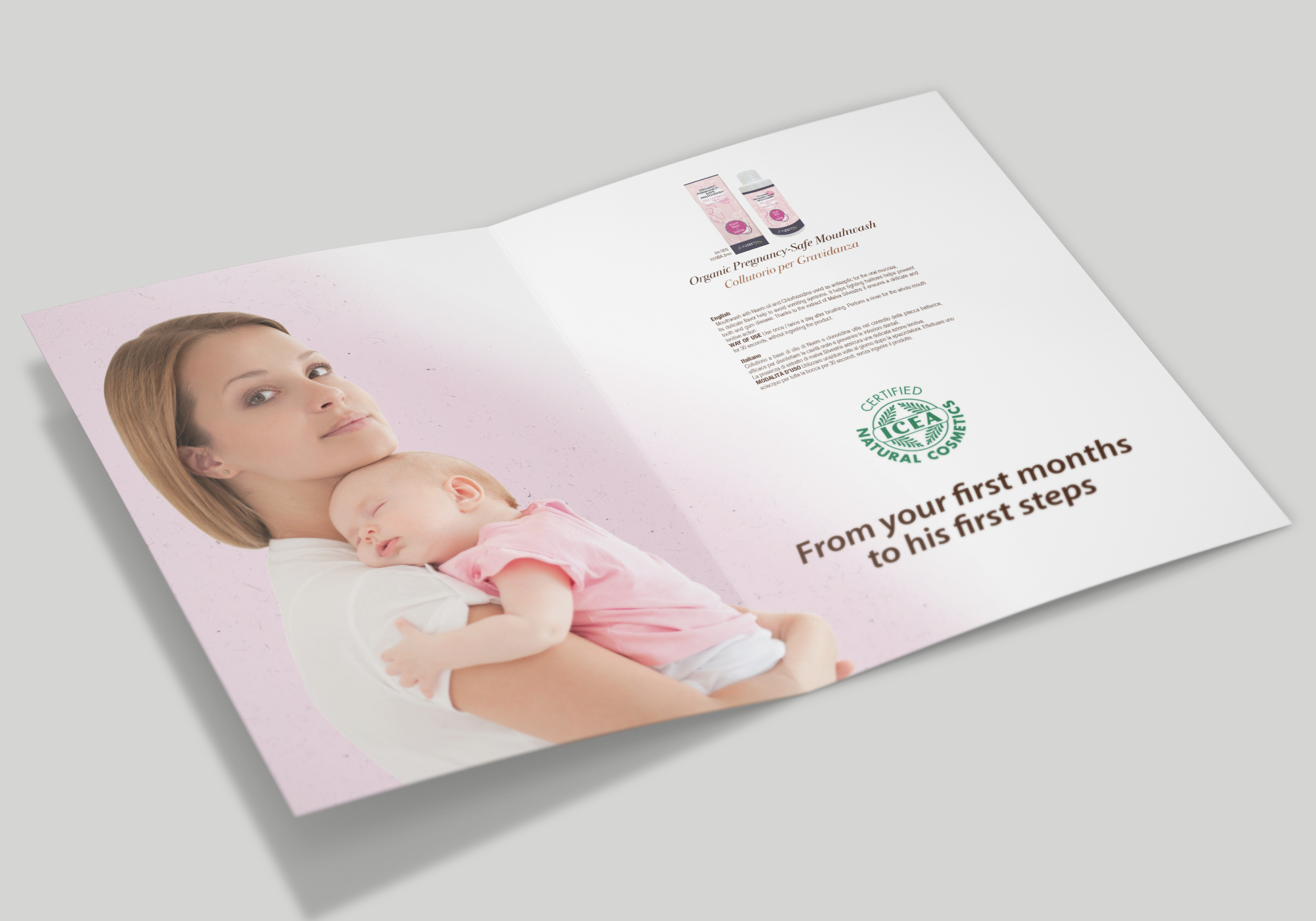 Brochure per linea prodotti per l'igiene delle neo mamme Azeta Bio