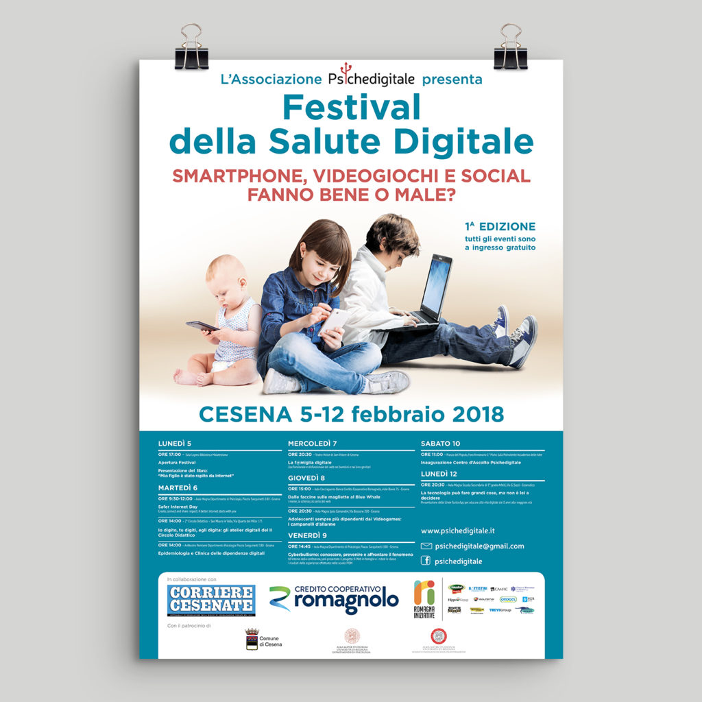 Poster for the event Festival della Salute Digitale, about mental health using digital devices in young people